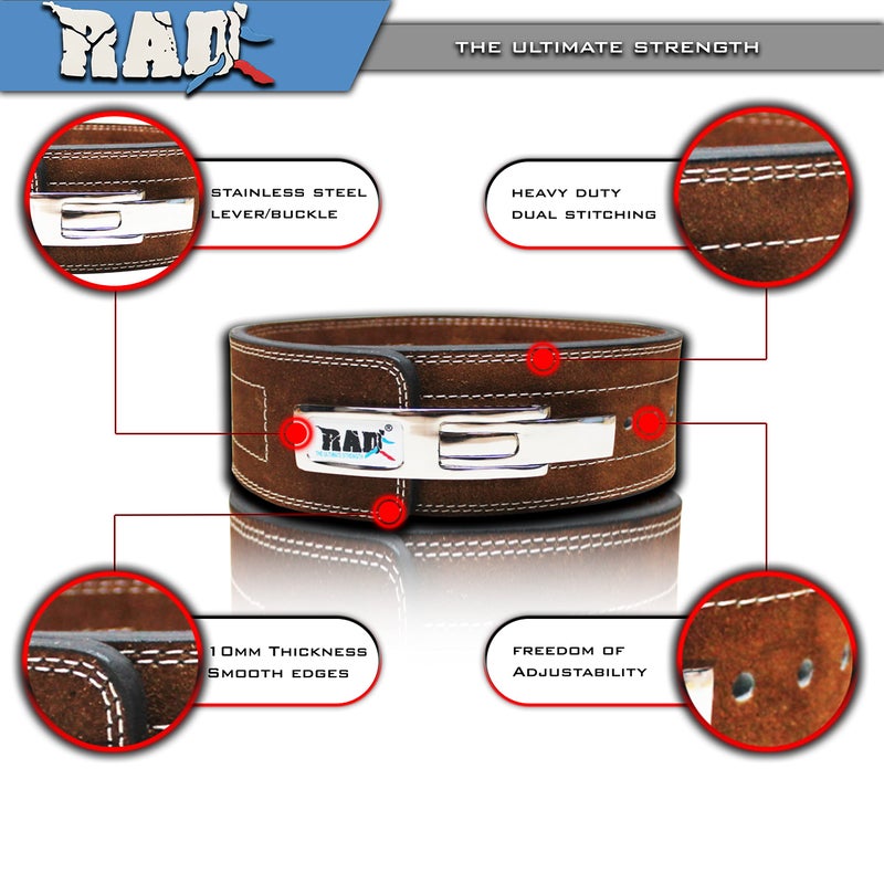 RAD حزام رفع الأثقال RAD للرجال والنساء، مقاس 38 بوصة، بني، سمك 10 مم، عرض 4 بوصة، جلد، لرفع الأثقال والقوة - Image 4